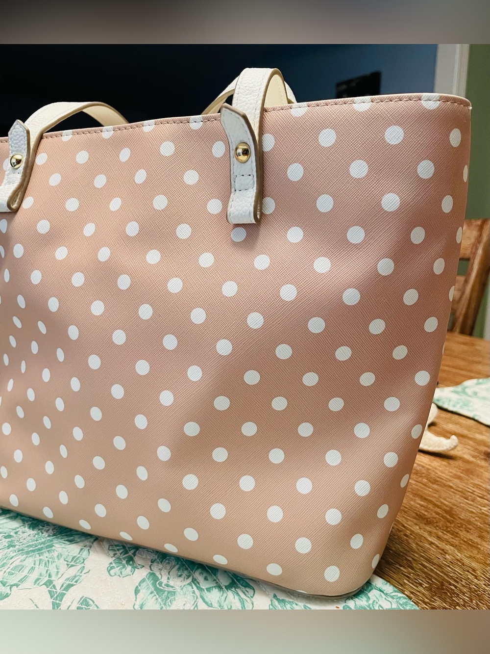 Nanette Lepore Tan/Peach and White Polka Dot Tote - Picture 6 of 11